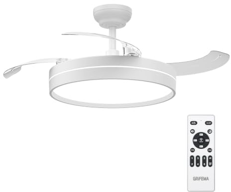 GRIFEMA Ventilatore da soffitto con luce e telecomando | Retrattile e silenzioso, motore DC 30W, 6 velocità, luminosità e colore regolabili, memoria, 107cm