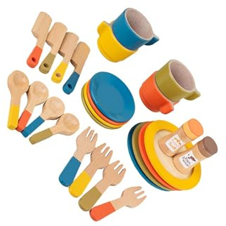 BEALIFE Ensemble de Couverts et d'assiettes de Cuisine pour Enfants, Comprenant la Vaisselle colorée Qui stimule la socialisation et créativité. Service Vaisselle en Bois pour Petites Filles et