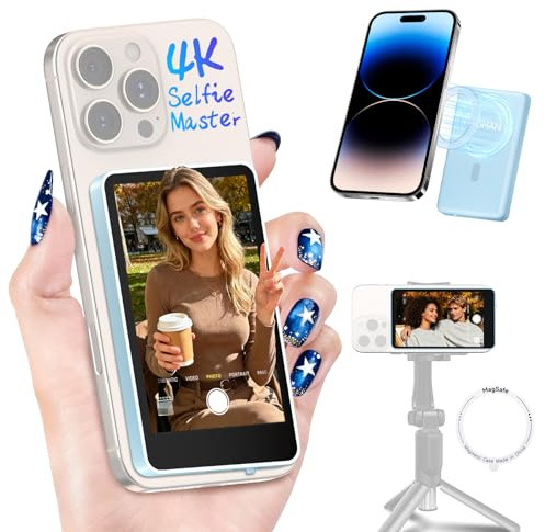 Moman Selfie Monitor Handy 3,97 Zoll Kabellos für Rückkamera | Kompatibel mit iPhone 7-16 & Android, inkl. Magnetring, stabile Echtzeit-Vorschau für Vlog, Tiktok & Livestream - Blau
