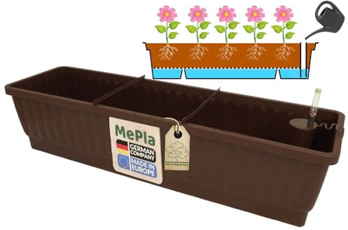 MePla - XXL Balkonkasten Venezia 100 cm Braun mit Wasserspeicher incl. Wasserstandsanzeiger – Made in Germany – langlebig, selbstbewässernd und direkt bepflanzbar