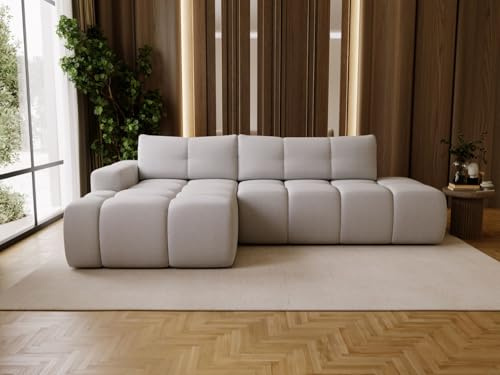 GRAINGOLD Montero L Ecksofa modern mit Bettfunktion, 280x177 cm, L-Form Sofa, Schlafcouch für Wohnzimmer, Bouclé-Stoff, 3-Sitzer Eckcouch, Ecksofa mit Bettkasten (Grau, Links)