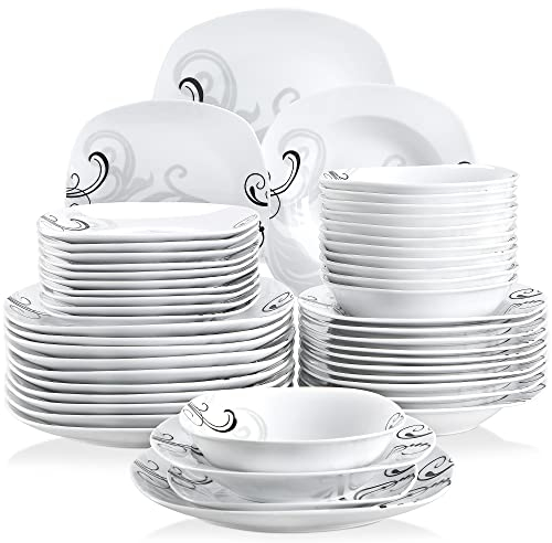 VEWEET ZOEY 48pcs Service de Table Pocelaine 12pcs Assiettes Plates 25,1cm, Assiette Creuse 21,5cm, Assiette à Dessert 19cm, Bols à Céréales 17cm Vaisselles pour 12 Personnes Fleuri