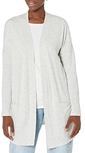 Amazon Essentials Cardigan Ultraleggero Aperto sul Davanti dalla vestibilità Comoda Donna, Grigio Puntinato Righe, XL