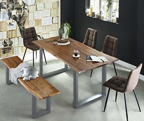 SAM 6 TLG. Essgruppe Esra, Baumkantentisch 200x100 cm & -Bank 200x40 cm,Akazie-Holz Cognacfarben, Gestell Silber, 4X Schalenstuhl ULF braun