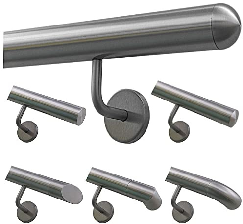 TIBU Handlauf Geländer Edelstahl Ø 42,4 mm - Länge 580 cm - Ende halbrunde Kappe und gewinkelte Halter - Rostfrei für Außen und Innen