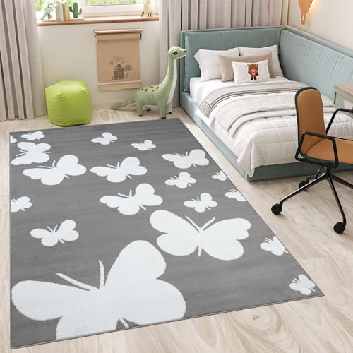 TAPISO Luxury Teppich Kurzflor Kinderteppich Grau Weiß Modern Schmetterlinge Design Wohnzimmer Schlafzimmer Kinderzimmer ÖKOTEX 160 x 220 cm