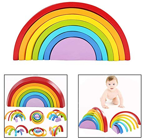 DMZK Bunte Regenbogen Bausteine,Regenbogen Holzbausteine Regenbogen,Kinder Puzzle Bildung Spielzeug
