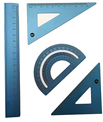 Accod Aluminum Alloy Ruler Set Stainless Steel Scale Ruler Math Geometry Tool 4 in One Measuring Ruler for Student Drawing and Measurement. (Blue)