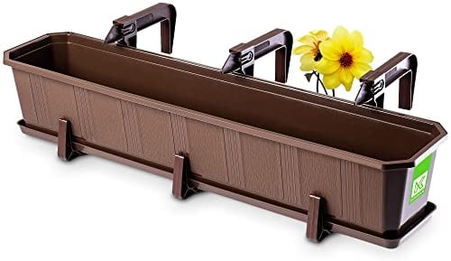 KADAX Fioriera Rettangolare per Ringhiera da Esterno, Vaso da Balcone in Plastica con Sottovaso e Portavasi, Cassetta per Piante (80 cm, Marrone)