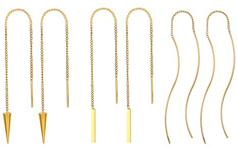 Flongo Damen Stäbchen Durchzieher Ohrringe Lange Quaste Einfädler Ohrringe Frauen Ohrhänger Ohrstecker Ohrkette Ohrseil mit Anhänger Gold Golden 3 Paar Set