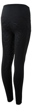 HORZE Kinder Reitleggings Gillian, Vollbesatzreitleggings Mädchen mit Handytasche, Schwarz, 146/152