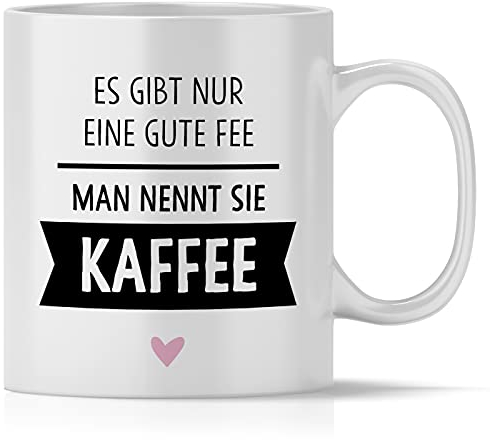 mindmonkeys® Tasse mit Spruch Gute Fee namens Kaffee Kaffeetasse Bürotasse Geschenke Geschenkideen Barista Kaffeejunkies Morgenmuffel zum Geschenk Geschnekidee zum Geburtstag Keramik 300 ml
