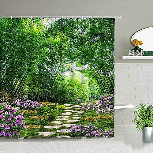 JIANGLANY 3D Outdoor Asian Style Garden View Shower Curtain,Green Bamboo Wood with Flowers and Stone Path Garden Picture Bathroom Decor Fabric with Hook 80X 80 inches Green