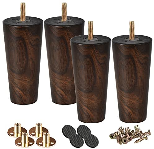 Btowin 6 inch Solid Wood Furniture Legs, 4Pcs Mid-Century Modern Wooden Wenge Tapered Replacement Feet with Threaded 5/16 Hanger Bolts & Mounting Plate for Sofa Couch Armchair Cabinet TV Stand