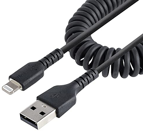 StarTech.com 1m (3ft) USB to Lightning Cable, MFi Certified, Coiled iPhone Charger Cable, Black, Durable TPE Jacket Aramid Fiber, Heavy Duty Coil Lightning Cable (RUSB2ALT1MBC)
