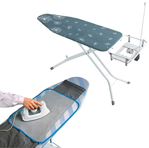 WENKO Bügeltisch Professional & Gitternetz-Bügeltuch, extra breites Bügelbrett 130 x 98 x 48 cm mit großer, absenkbarer Ablage für die Dampfbügelstation & Auflage zum Bügeln von empfindlichen Stoffen