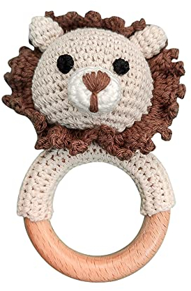 Baby Rassel Beißring Baby Spielzeug Häkel Rassel Holz Greifling Baby Rassel Geschenk zur Geburt,Niedliche Fuchs Tiger Löwe Hase Babyrassel, Baby Kleinkind Frühe Lernspielzeug für Jungen Mädchen Baby