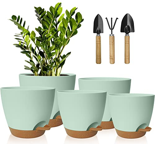 Vasi Da Giardino Set Di 5, 7/6.5/6/5.5/5 Inch Vasi Di Fiori Per Piante, Stile Moderno Vasi in Per Con 178 Fori Di Scarico, Moderno Decorativo Succulente Piante Vasi Da Fioriere(Verde Marrone)