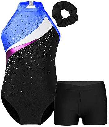 TTAO Gymnastikanzug Kinder Mädchen Ärmellos Turnanzug Trikotanzug Tanz Gymnastik Training Dancewear Gymnastikbody mit Haarband und Shorts A Schwarz&Königsblau 146-152