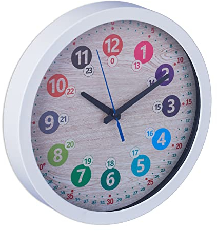 Relaxdays Wanduhr Kinder, Ø 30 cm, Bunte Zahlen, Uhrzeit Lernen, Kinderzimmeruhr Jungen & Mädchen, Kinderuhr Wand, weiß