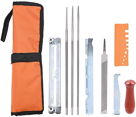 Aulavik Kit di lime per affilatrice per motosega con lima piatta da 15,2 cm, profondimetro, supporto guida per lime, manico in legno duro, misuratore di ispezione rapida e lime rotonde per motosega
