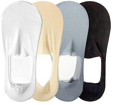 LECTNORE 4 Paar No-Show-Socken für Damen, niedrig geschnittene Socken, rutschfeste, unsichtbare Bootssocken, Eisseide, unsichtbare Socken für Slipper, Sneakers, Größe 4–7 (Natur/Schwarz/Weiß/Blau)