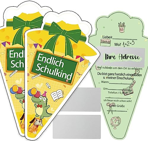 MKISHINE 16 Zuckertüte Einladungskarten für Schuleinführung Schulanfang Einschulung Schulbeginn Rubbelkarte Einladungskarten zur Einschulung Einladungen mit beschreibbarer Innenseite
