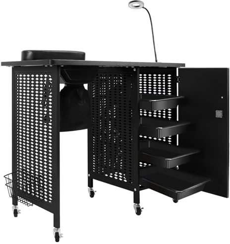 Kalolary Professional Manicure Table Salon Station, Mobile Nail Station with Nail Dust Collector, 4 Drawers, LED Lamps, Wrist Rest, Beauty Manicure Desk Spa Salon Workstation (Black)