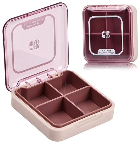 Wisebom Pilulier Portable Boîtes à Pilules Voyage, Pilulier Semainier Petit Boîte à Medicament Comprimés avec 4 Compartiments Amovibles, Pilulier de Poche Sans BPA pour Vitamines Suppléments (Rose)