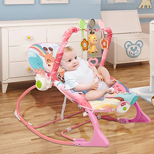 Baby Wippe mit Beruhigenden Vibrationen, Babyschaukel Elektrisch mit Liegefunktion, 3-Punkte Babywippen & -schaukeln, Babywiege Kuscheltierbügel und Spieluhr (Rosa)