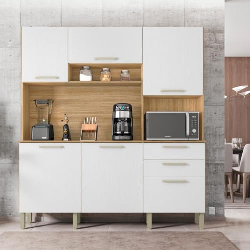 KITS PARANA Buffet de Cuisine 6 Portes 2 Tiroirs Chêne et Blanc L 180.2 H 198 P 38.8 cm