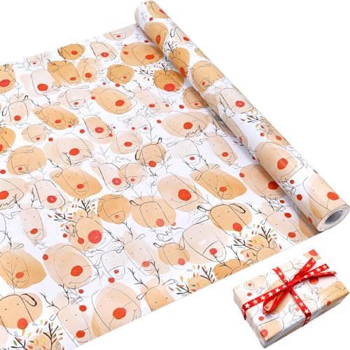ADQUATOR Geschenkpapier-Rolle, 12 m × 44 cm, Rolle Elch, Recycling-Geschenkpapier, perfekt für Hochzeit, Geburtstag, Weihnachten, Geschenk, Dekoration