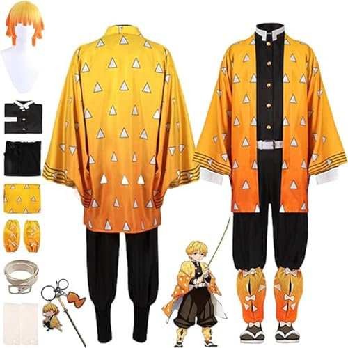 NIKKHO Dämon Slayer Cosplay Anzug, Anime Charakter Agatsuma Zenitsu Kimono Mantel für Halloween Karneval Party Kleid, Perücke Schlüsselanhänger Full Set,Orange,M