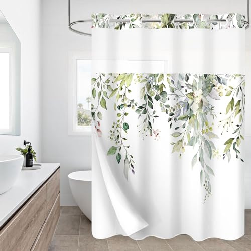 Gibelle Rideau de douche sans crochet avec doublure en tissu à clipser pour salle de bain, hôtel style hôtel – Rideau de douche à feuilles d'eucalyptus vert sauge avec fenêtre supérieure transparente,