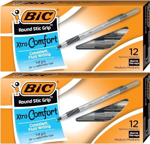 BIC Round Stic Grip Xtra Comfort Kugelschreiber, mittlere Spitze (1,2 mm), Schwarz, 12 Stück, 2 Stück