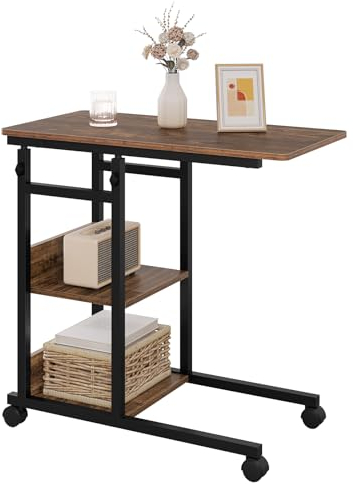 WOLTU Beistelltisch Couchtisch Sofatisch Wohnzimmertisch Laptoptisch Betttisch, C-förmig höhenverstellbar, mit Rollen, aus Metall Holzwerkstoff, Vintage-Holzoptik + Schwarz, BTS08hov