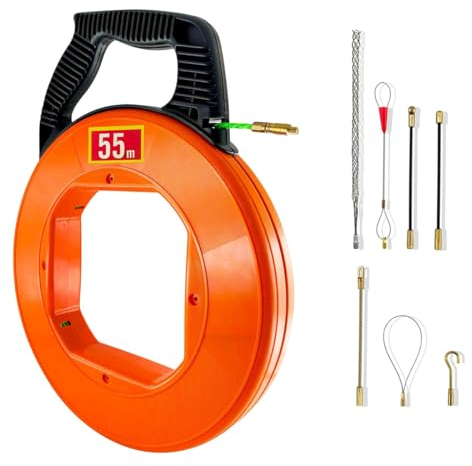 Kabeleinziehhilfe 55m, Einziehspirale Durchmesser 4mm, Polyester Zugdraht Fish Tape Einziehhilfe FüR Kabel Mit 7 FüHrungsfedern, Kabelziehhilfe mit Kunststoffgehäuse und Handgriff Orange