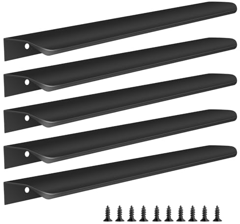 Malimali 5 Pack 300mm Black Kitchen Cupboard Handles, Drawer Handles Pulls | Finger Edge Pulls for Cabinets and Drawers, Long Wardrobe Door Handles, Modern Aluminum Bathroom Cabinet Handles, Matte Black