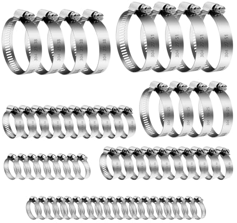 60 Pcs Stainless Steel Hose Clamps, 6-51mm Adjustable Hose Clips Set, Jubilee Clips Assorted, Hose Screws Pipe Clamps Clips, Worm Drive Hose Pipe Clips for Automobile Water Gas Hose Pipe Tube