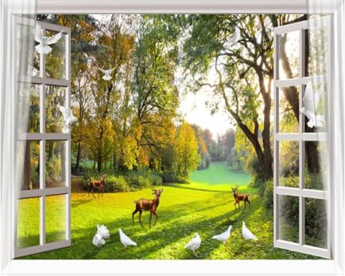 YUSENHUA Selbstklebende PVC Fototapete 3D Wohnzimmer Tapete außerhalb des Fensters des Waldes Tiere Schlafzimmer Hintergrund Wanddekoration Kunst Aufkleber Malerei