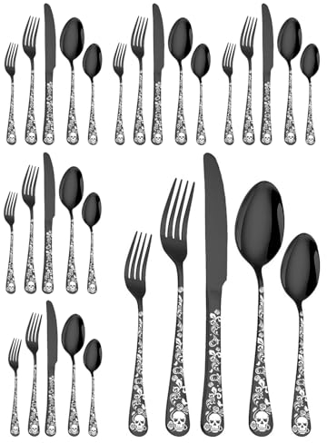 XIAOYU 30-Piece Halloween Silverware Set, Flatware Set Service for 6, Knives/Forks/Spoons Set with Skeleton & Flower Pattern Handle, Utensils for Home Kitchen, Black