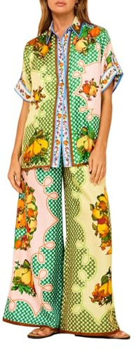 NIUVOO 2-teiliges Damen-Outfit mit Boho-Druck, Freizeithosen-Set, Sommer, kurze Ärmel, Button-Down-Shirt, weites Bein, Hose, Urlaub, passendes Lounge-Set, Patchwork, M