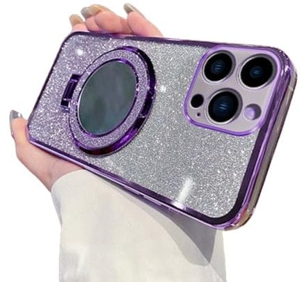 IMEIKONST Glitter Case for iPhone 14 Pro Max, Plated Flash Shell Makeup Mirror Ring Stand Function Camera Protector Shockproof Transparent TPU Cover for iPhone 14 Pro Max. Purple DSJ