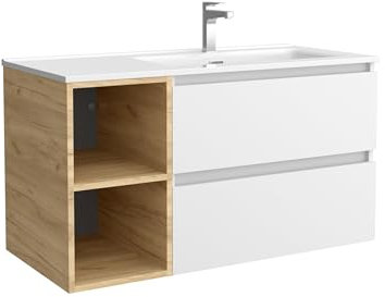 Salgar Mueble de Baño Bequia Plus 90 cm 2 cajones Blanco Mate y Coqueta Izquierda 2 Huecos Roble con Lavabo Integrado