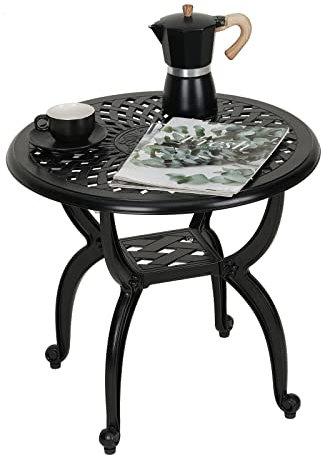 Im Freien gegossener Aluminium-Beistelltisch, Patio-Beistelltisch, Hinterhof, Pool, Innenbereich, einfache Wartung, wetterbeständiger Couchtisch, Porch Table, Bistrotisch (53Rund schwarz)