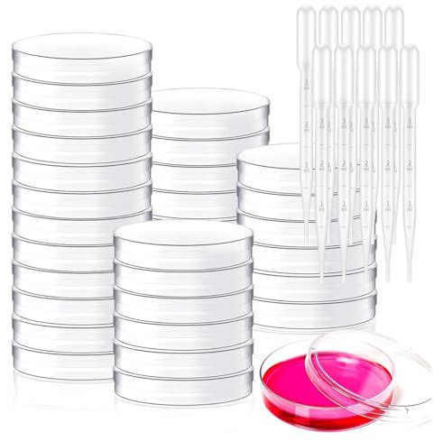 XULEGGNK Transparente Steril Petrischalen, 35mm Kunststoff Petrischale, Labor kulturschale, Sterile Bakterien-Petrischalen mit Deckel, mit Pipette Dropper, für Laborkultur Bakterienhefe, 30 Stück