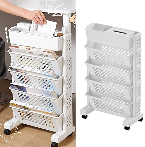 ZESTEFY Drehbares Bücherregal, 5 Ebenen Bewegliches Bücherregal, Regal Mit Rollen, Bastelwagen Für Kinder Organizer, Rotating Bookshelf Für Schlafsaal Kinderzimmer Heim Büro (5 Schicht)