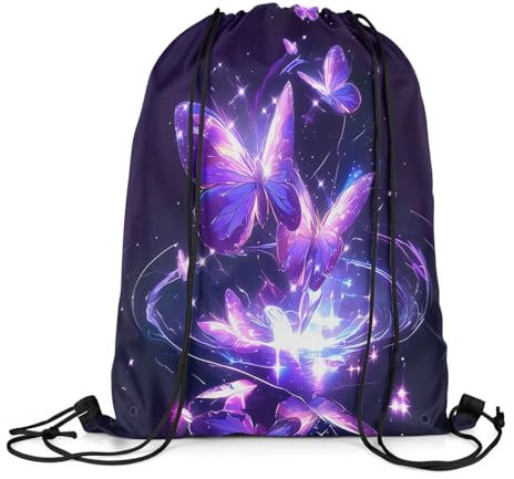 Loussiesd Lila Schmetterling Turnbeutel 30x40cm für Wohnzimmer Frauen Glitter Schmetterling Rucksack mit Kordelzug Galaxy Lila Stofftasche Bag Hübsches Tier Verstellbar Tunnelzug Gymsack Sportsack