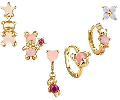 BodyBonita 6 Pcs Ohrring Set Silber 925 für Damen 18 Karat Vergoldet Pink Herz Kleine Ohrstecker Ohrringe Silber 925 Hängend Stapelbar Zirkonia Ohrstecker Creolen Set für Mehrere Piercings