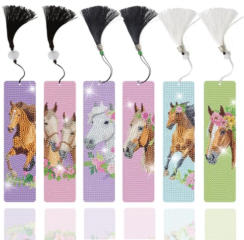 Lymshine diamond painting pferde mädchen - 6 Stück 5D diamant painting pferde lesezeichen, diamond lesezeichen mit 6 Bookmark Anhänger für Liebhaber der Diamantmalerei